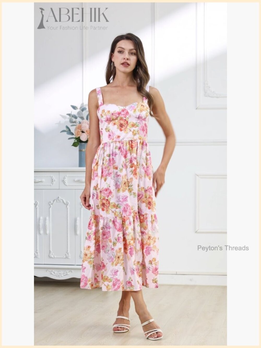 Floral Corset Midi Dress Spaghetti Strap Low Cut Flowy Pleated Hem Side Pockets - Picture 6 of 6